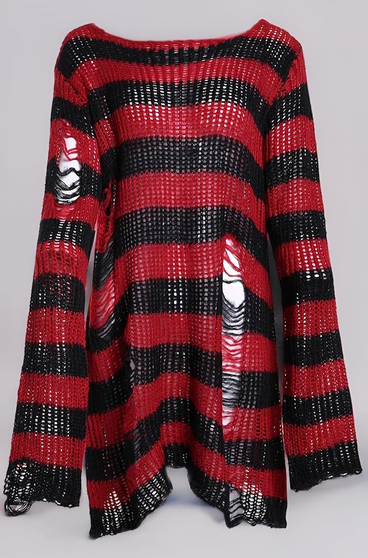 Red And Black Striped Sweater CHUNTIAN Y2K Goth Distressed